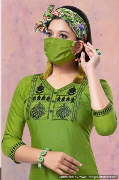 Designer slub Silk Straight Kurtis with face mask